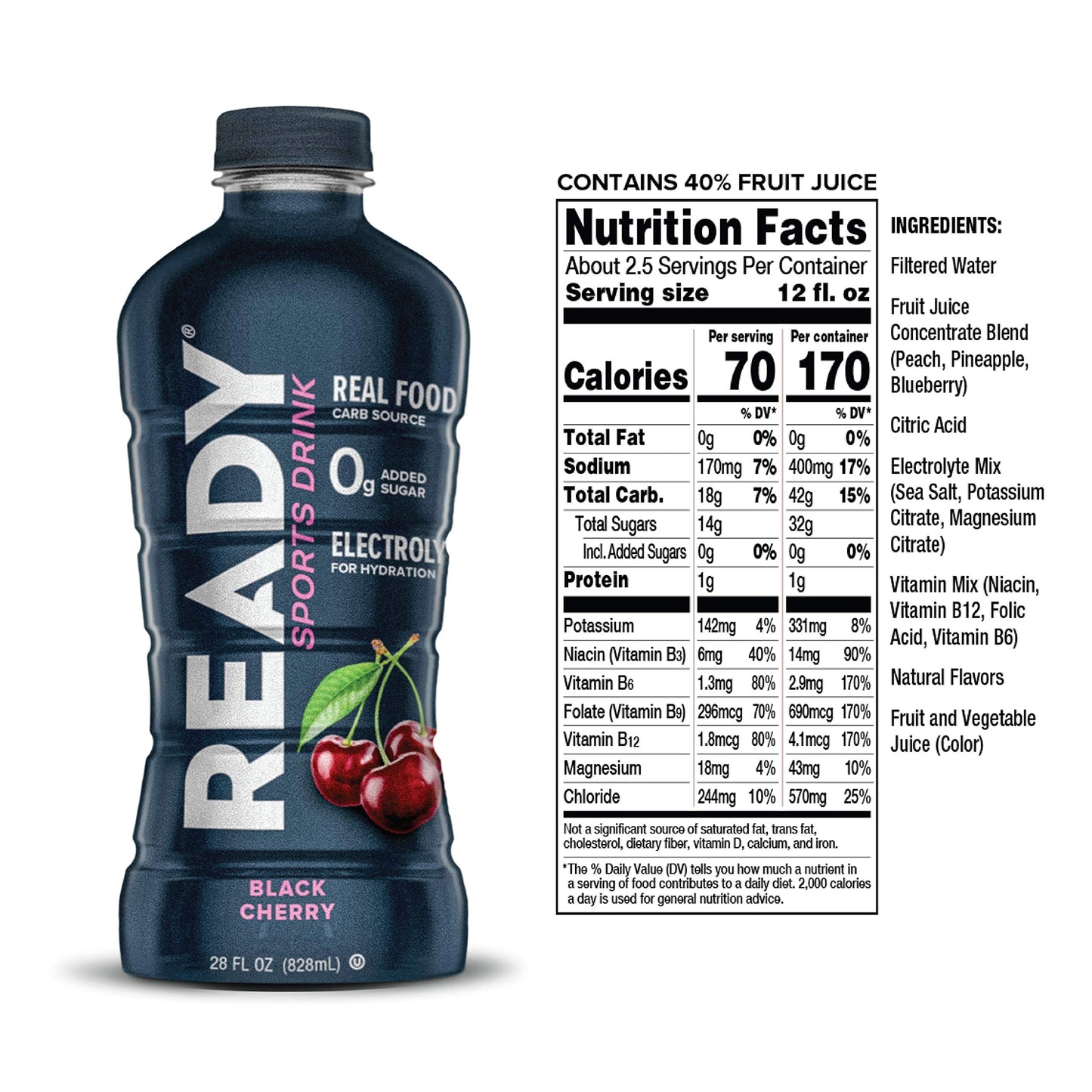 Ready Sports Drink, Electrolyte Blend with B Vitamins and No Added Sugar, Peach Mango, 16.9 Fluid Ounces