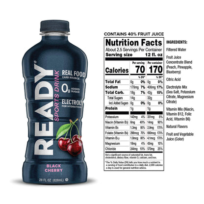 Ready Sports Drink, Electrolyte Blend with B Vitamins and No Added Sugar, Peach Mango, 16.9 Fluid Ounces
