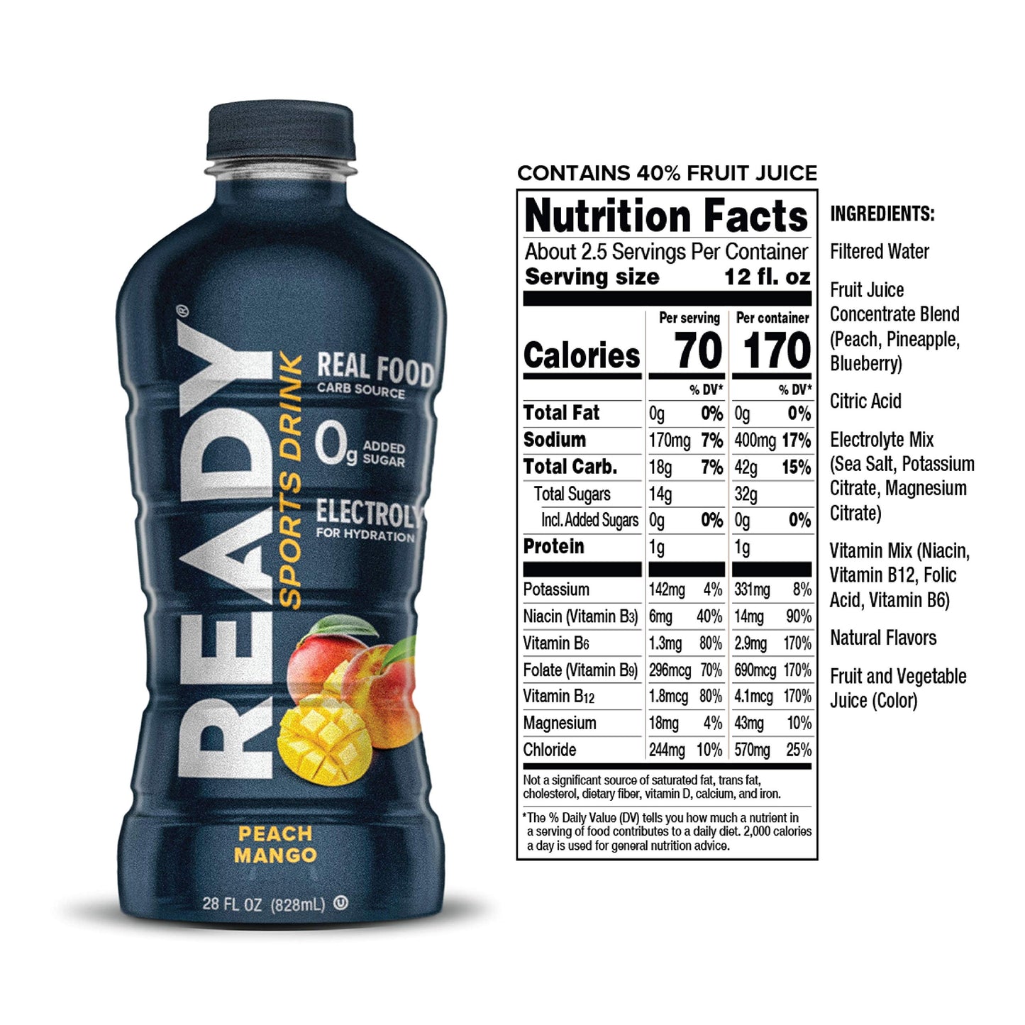 Ready Sports Drink, Electrolyte Blend with B Vitamins and No Added Sugar, Peach Mango, 16.9 Fluid Ounces