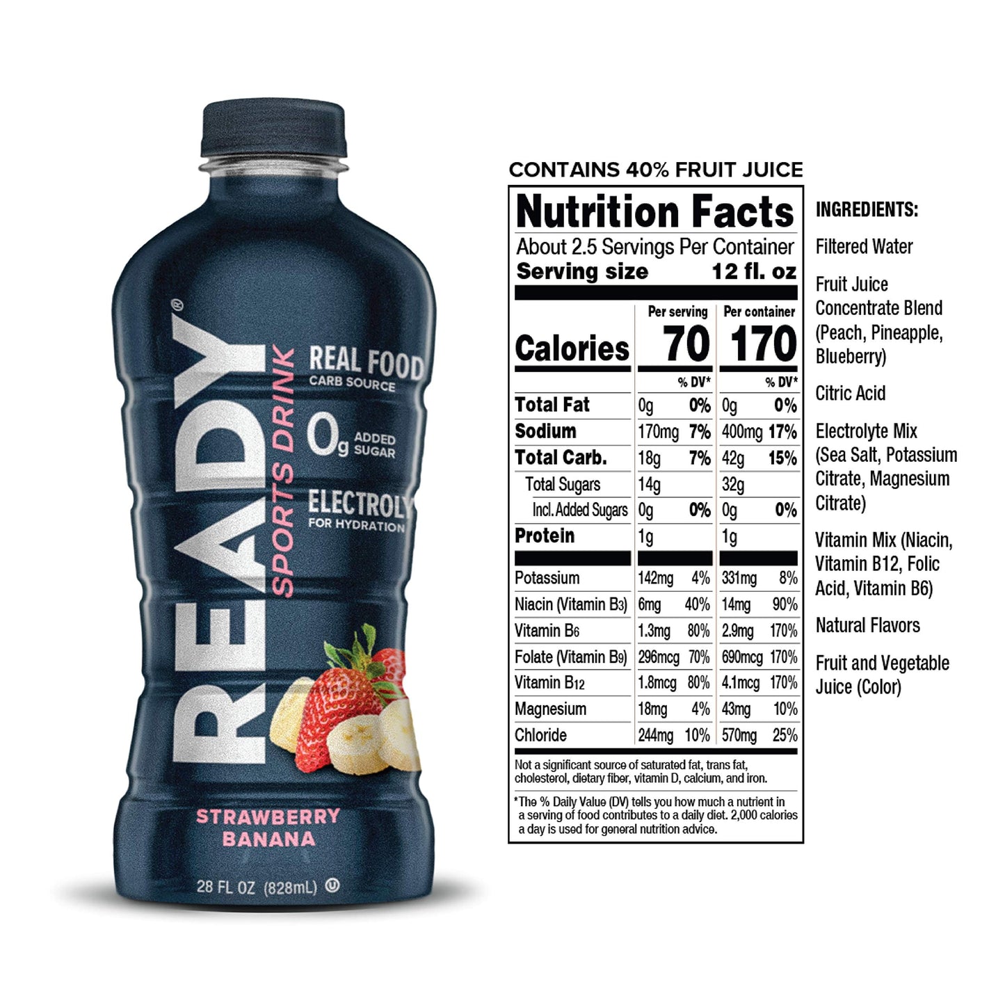 Ready Sports Drink, Electrolyte Blend with B Vitamins and No Added Sugar, Peach Mango, 16.9 Fluid Ounces