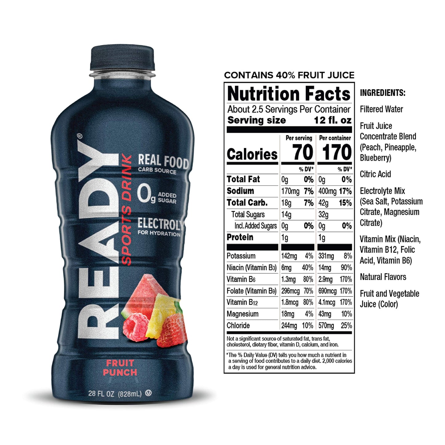 Ready Sports Drink, Electrolyte Blend with B Vitamins and No Added Sugar, Peach Mango, 16.9 Fluid Ounces