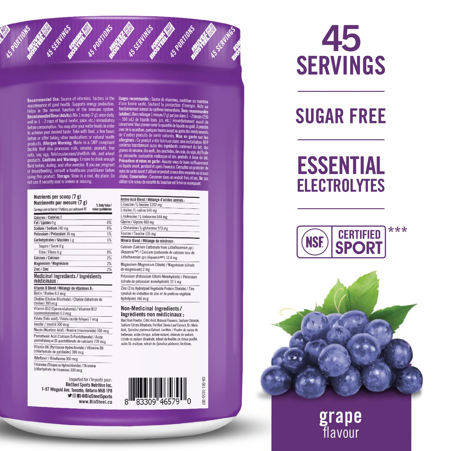 BioSteel Hydration Mix, Great Tasting Hydration with Zero Sugar, and No Artificial Flavours or Preservatives, Grape Flavour, 45 Servings per Tub