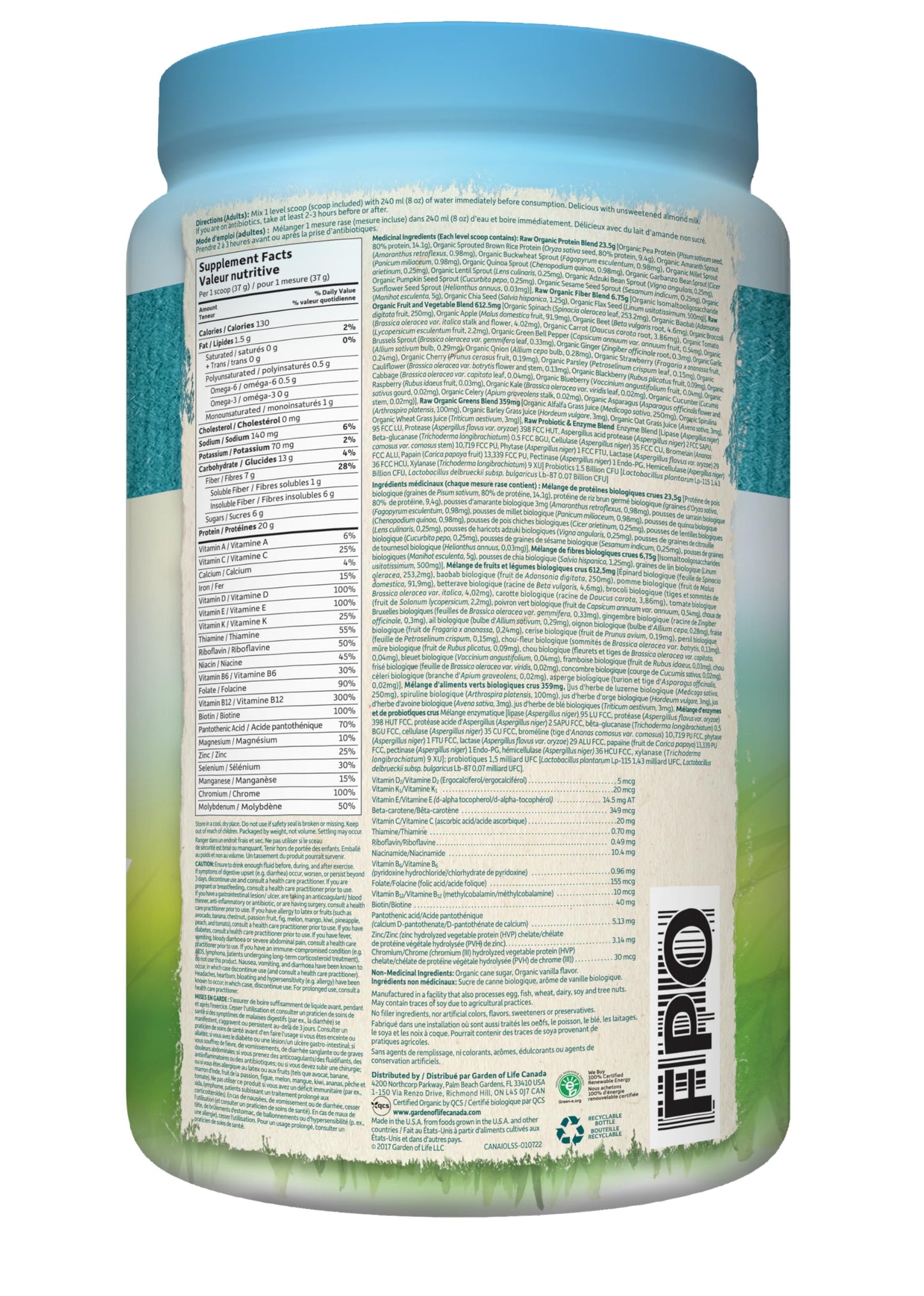 Garden Of Life Raw All-in-One Nutritional Shake, Lightly Sweet, (28 servings- 1038g.) Packed with 20 grams of Certified Organic Plant Protein packed with incredible nutrition to help build lean muscle. Assists in the building of lean muscle when combined