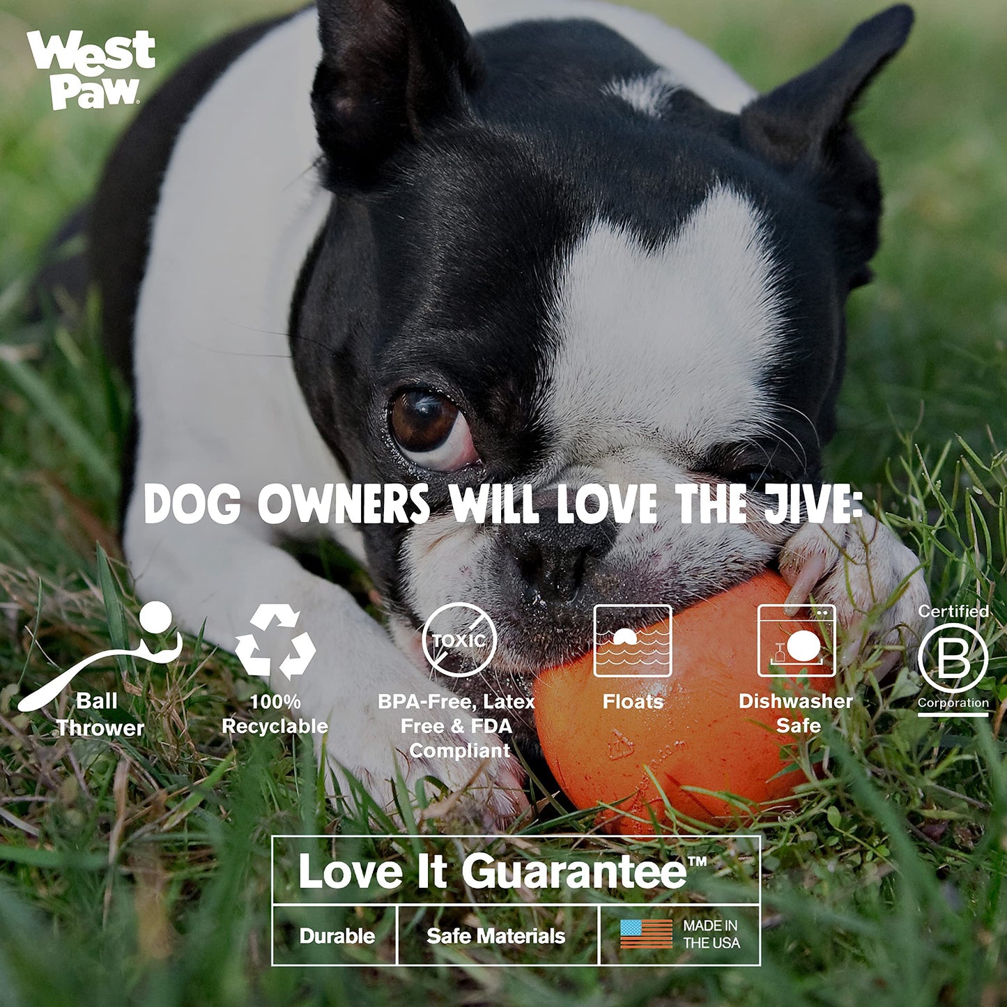 West Paw Zogoflex Jive Durable Nearly Indestructible Dog Ball Chew-Fetch-Play Dog Toy, 100% Guaranteed Tough, It Floats!, Made in USA, Large 3-1/4-Inch, Tangerine
