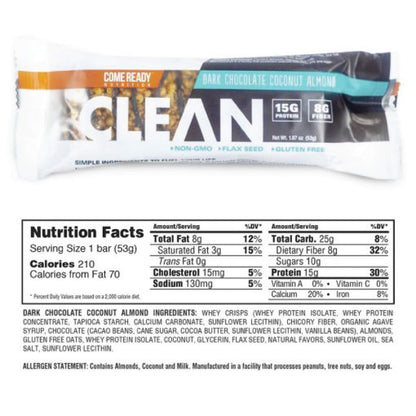 Ready CLEAN Bar, 15g of Protein, 7g Fiber, 6.5g of Whole Grains, NON-GMO, Dark Chocolate Blueberry Almond, 1.8 Ounces, 12-Pack