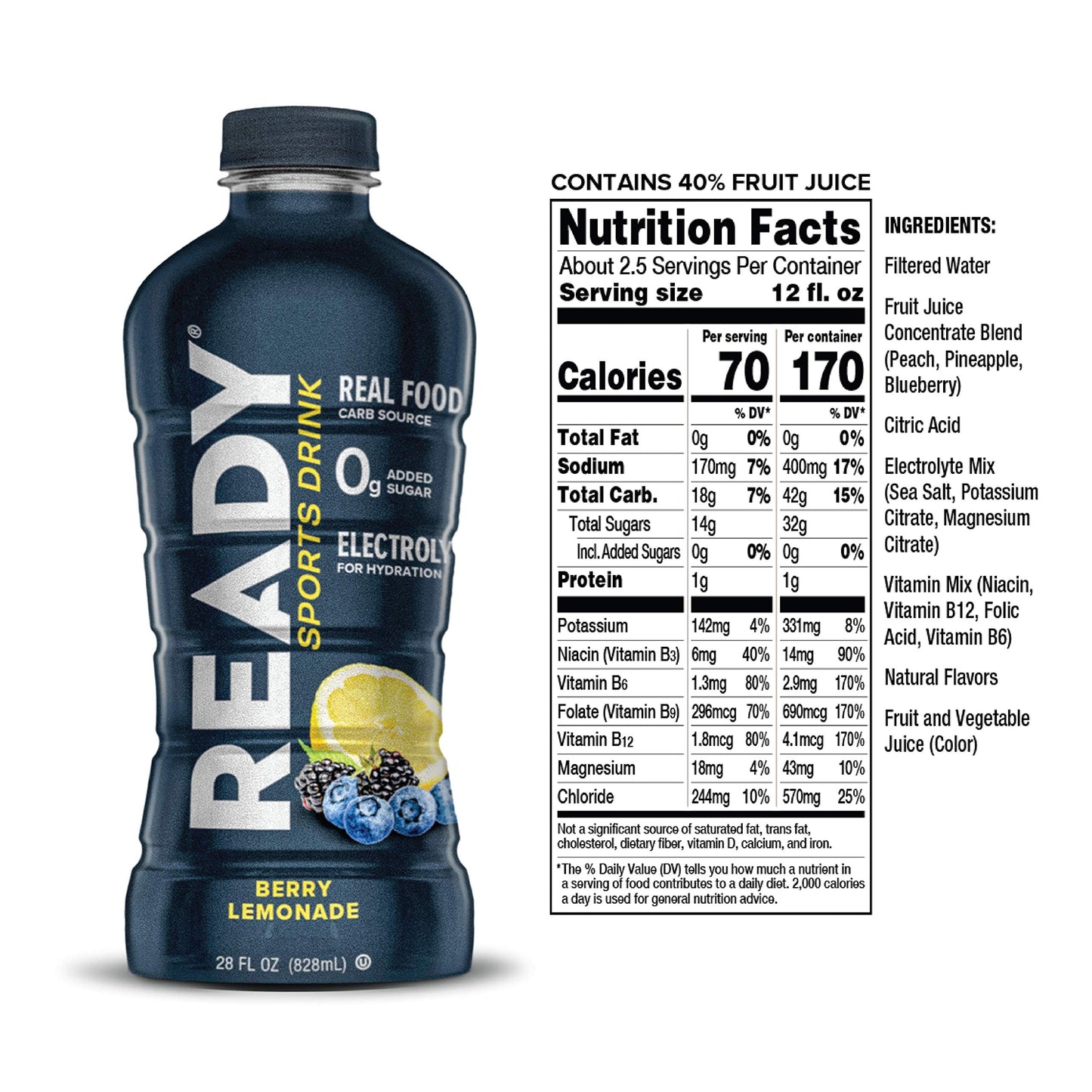 Ready Sports Drink, Electrolyte Blend with B Vitamins and No Added Sugar, Peach Mango, 16.9 Fluid Ounces