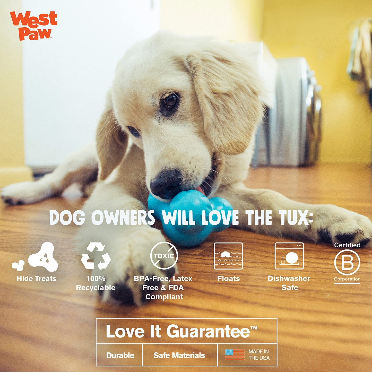 West Paw Zogoflex Tux Interactive Treat Dispensing Dog Chew Toy for Aggressive Chewers, 100% Guaranteed Tough, It Floats!, Made in USA, Small, Aqua