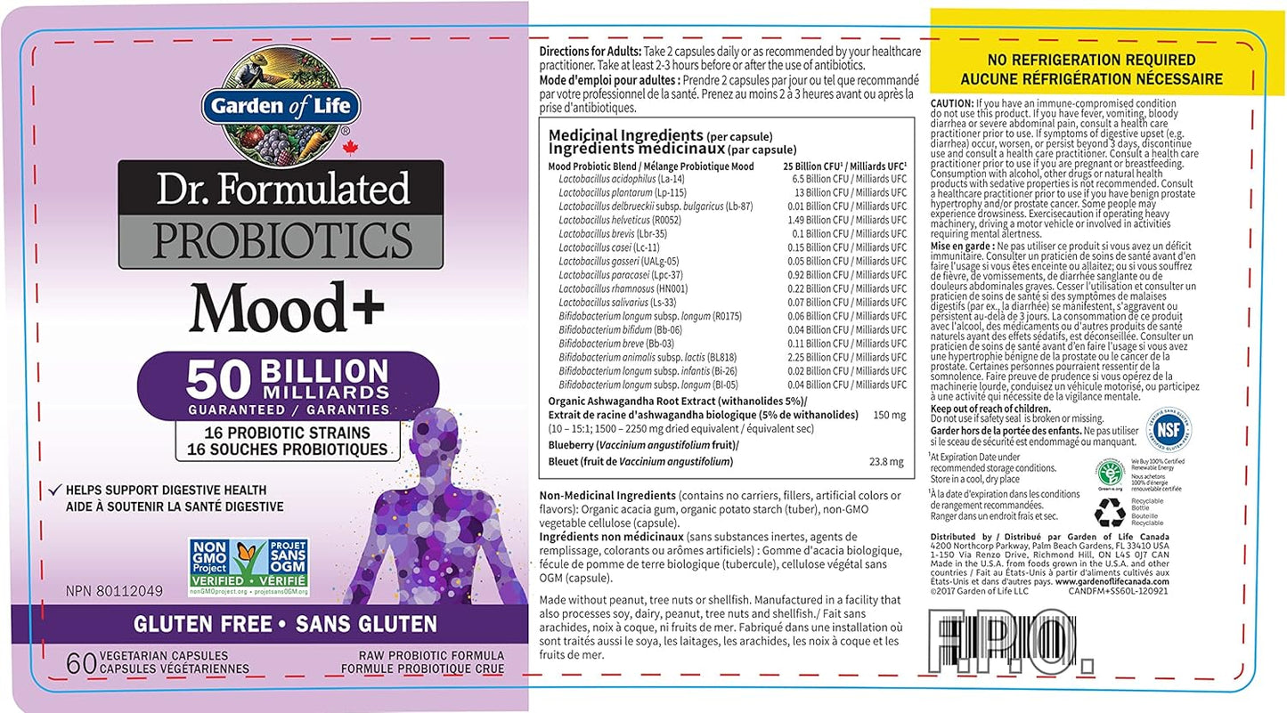 Garden of Life – Dr. Formulated Probiotics Mood+ | Manages Digestive Health & Symptoms of Chronic Stress | 50 Billion CFU + 16 Probiotic Strains | Includes Organic Ashwagandha and Blueberries