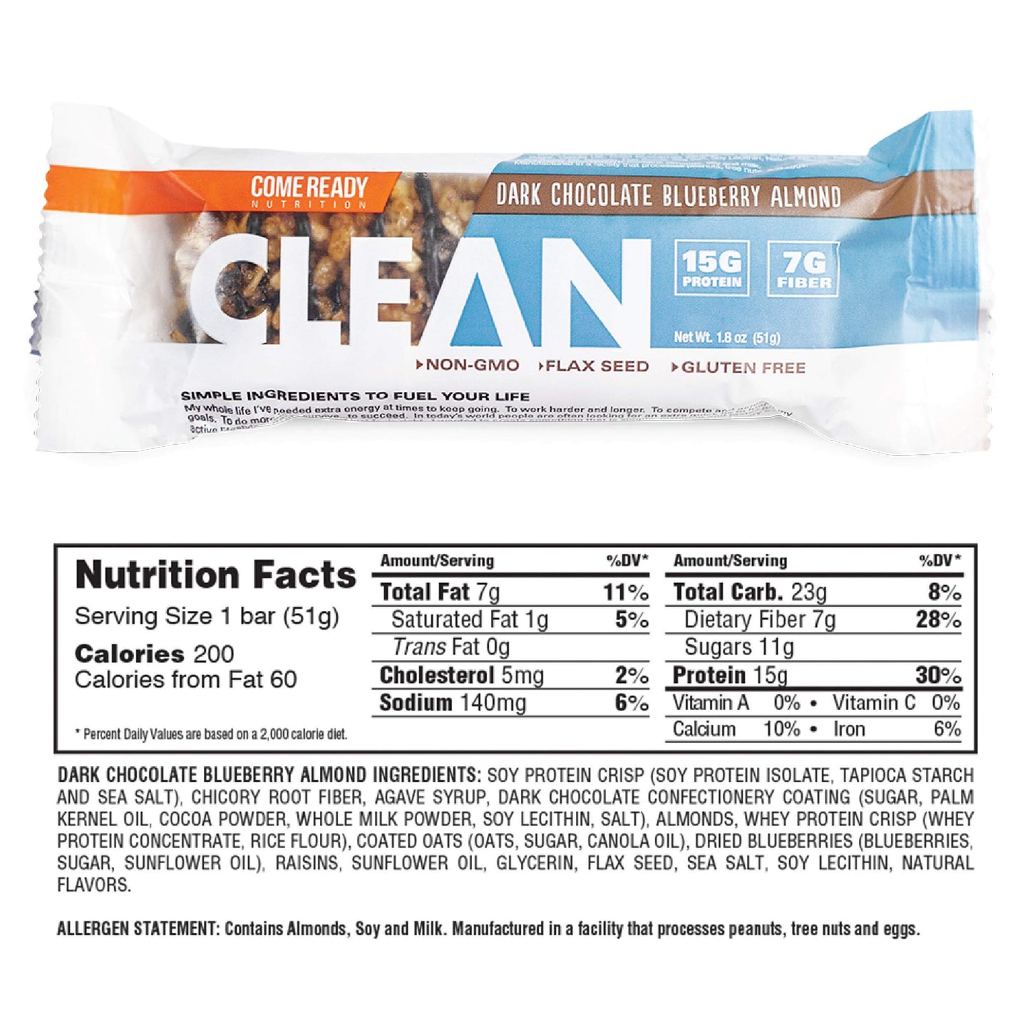 Ready CLEAN Bar, 15g of Protein, 7g Fiber, 6.5g of Whole Grains, NON-GMO, Dark Chocolate Blueberry Almond, 1.8 Ounces, 12-Pack