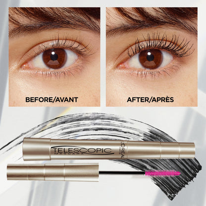 L’Oréal Paris Telescopic Mascara, Eyelash Lengthening Mascara, Unique Non-Clumping Formula, Delivers Intense Length, For Sensitive Eyes, Blackest Black, 8 ml