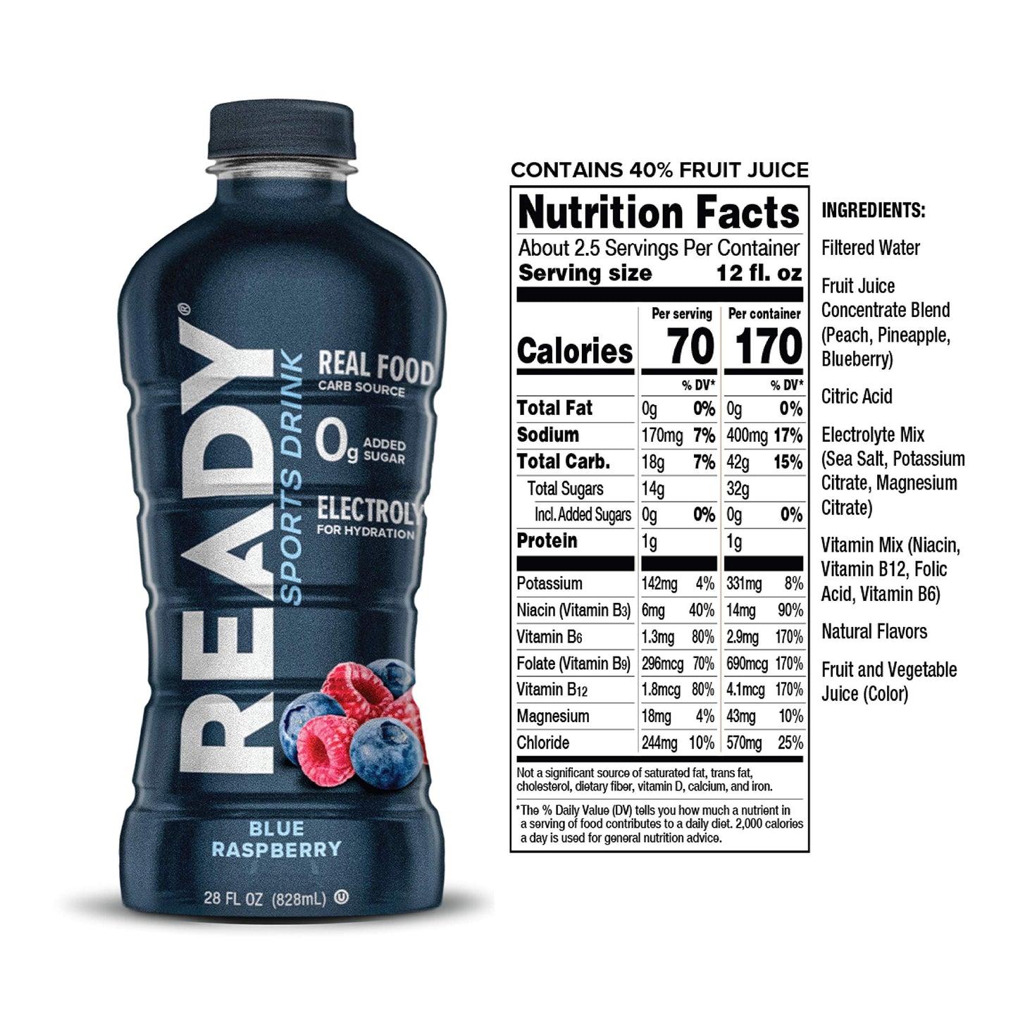 Ready Sports Drink, Electrolyte Blend with B Vitamins and No Added Sugar, Peach Mango, 16.9 Fluid Ounces