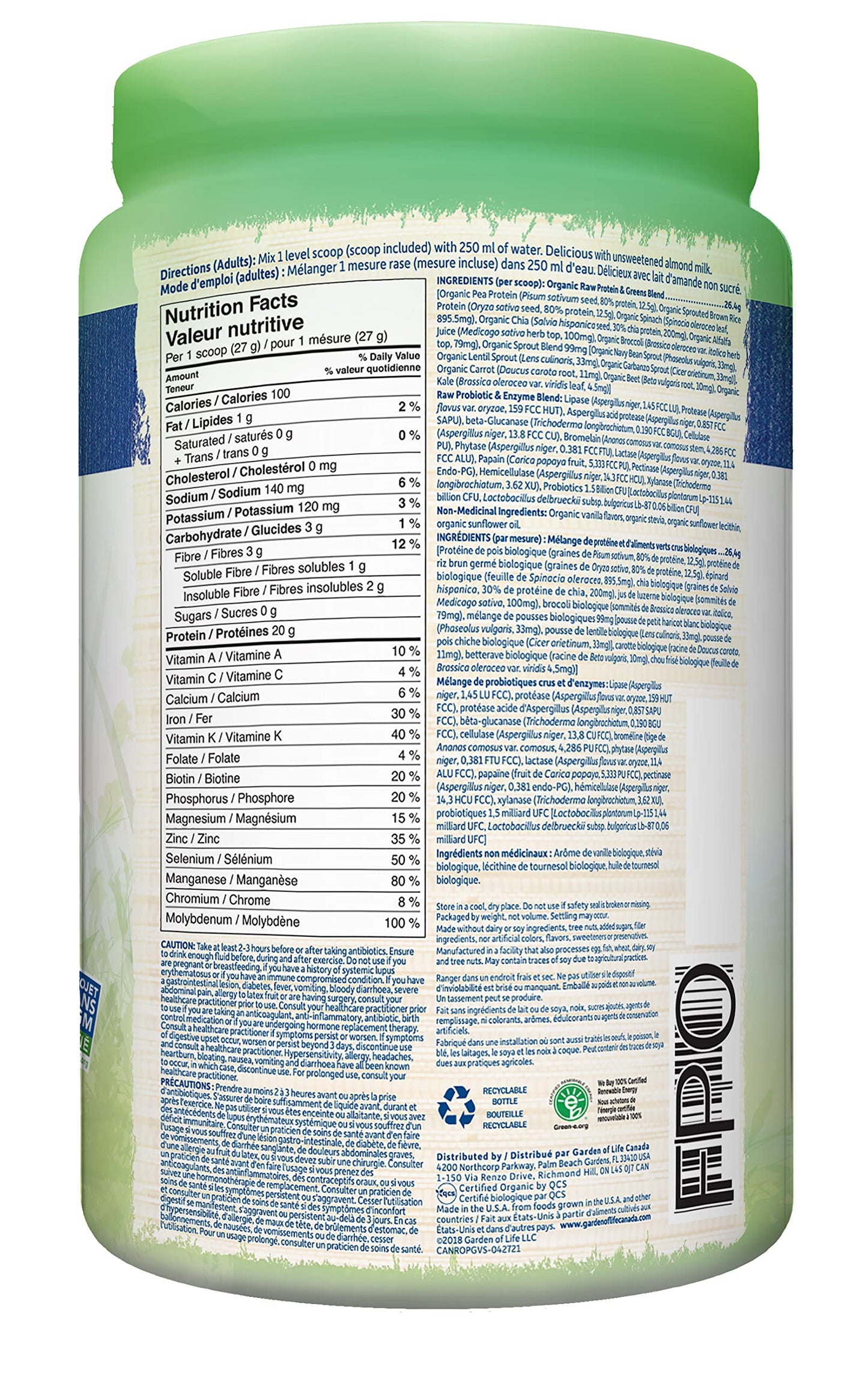 Garden of Life Raw All-in-One Nutritional Shake, Vanilla, (28 servings- 969g.) Packed with 20 grams of Certified Organic Plant Protein packed with incredible nutrition to help build lean muscle.Assists in the building of lean muscle when combined with reg