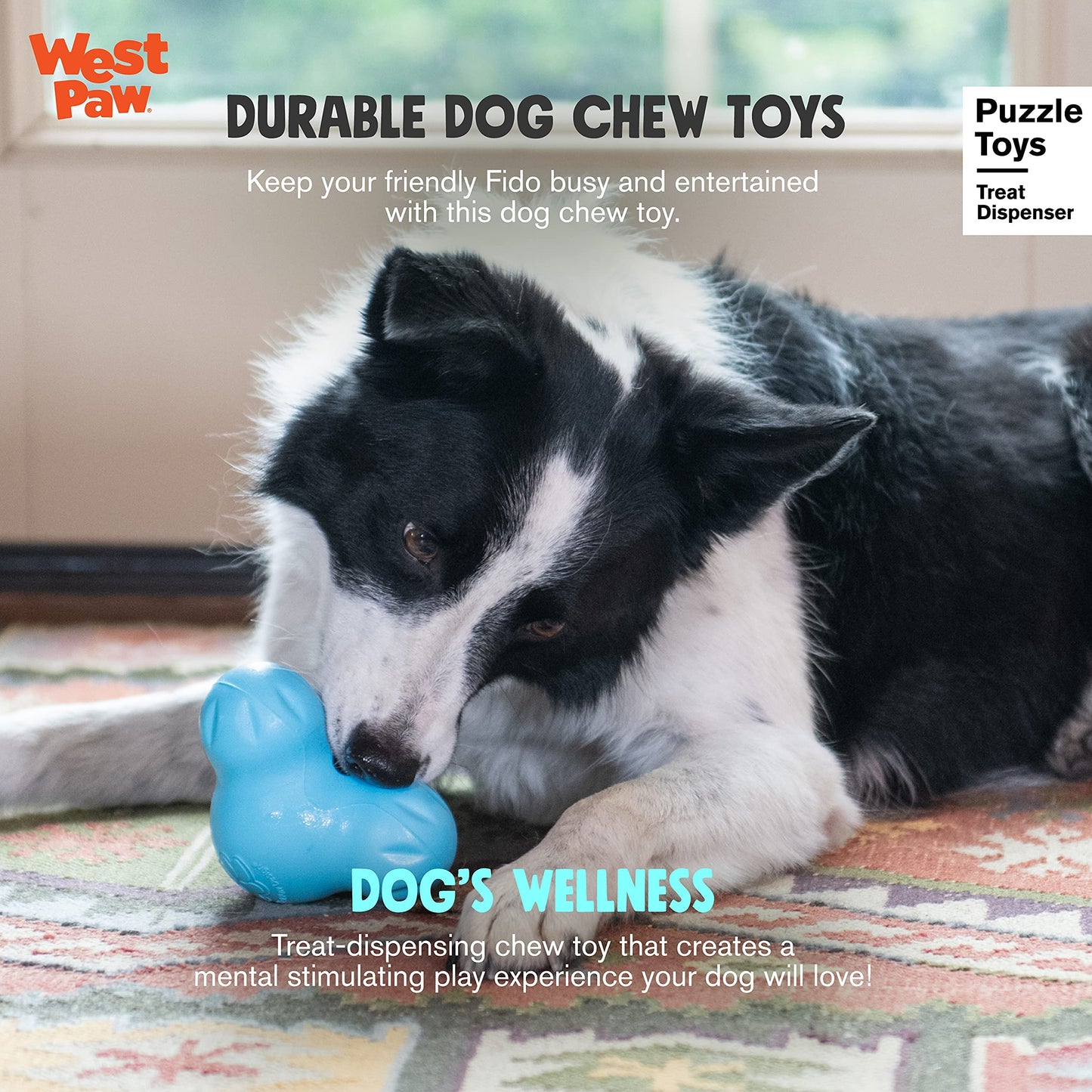 West Paw Zogoflex Tux Interactive Treat Dispensing Dog Chew Toy for Aggressive Chewers, 100% Guaranteed Tough, It Floats!, Made in USA, Small, Aqua